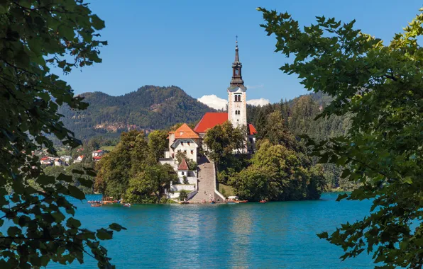 Картинка остров, Словения, Lake Bled, Slovenia, Бледское озеро, Блед, Assumption of Mary Pilgrimage Church, Bled
