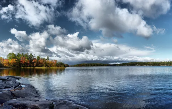 Картинка осень, небо, вода, деревья, река, камни, природа. пейзаж