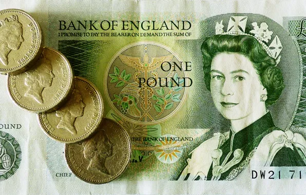 Деньги, монеты, королева, банкнота, фунт