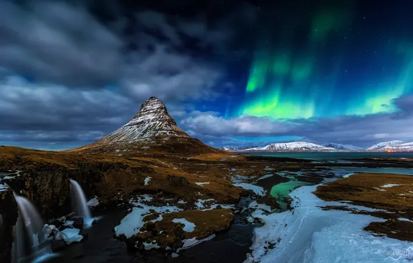 Снег, ночь, скалы, гора, водопад, северное сияние, вулкан, Исландия