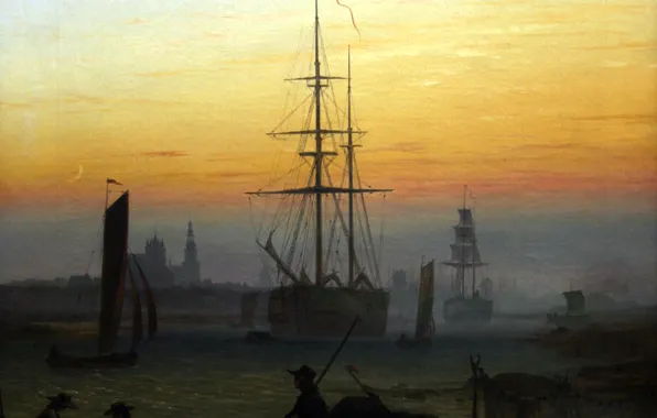 Картинка корабль, картина, силуэт, Гавань, Каспар Давид Фридрих