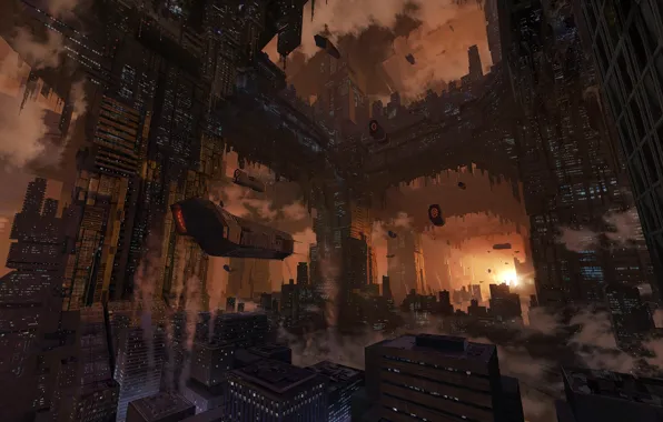 Транспорт, дым, сооружения, мегаполис, Matrix city
