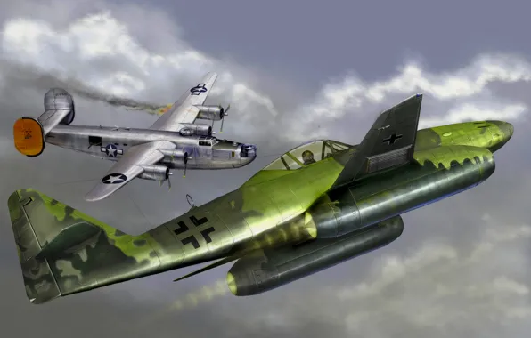 Картинка war, art, painting, aviation, jet, ww2, Messerschmitt Me 262