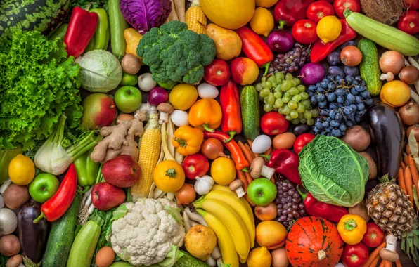 Зелень, яблоки, яйца, кукуруза, урожай, лук, виноград, баклажаны