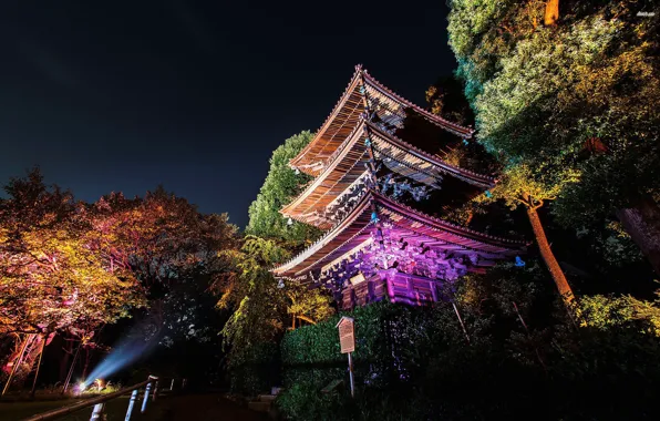 Деревья, ночь, огни, парк, Япония, пагода, tokyo