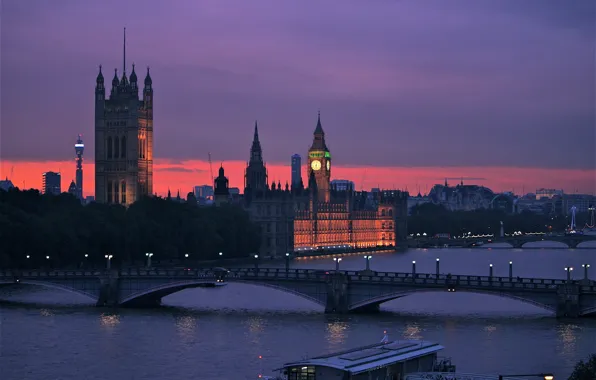 Небо, закат, мост, река, Англия, Лондон, вечер, Великобритания