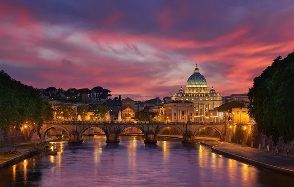 Картинка мост, город, река, весна, вечер, Рим, Италия, церковь