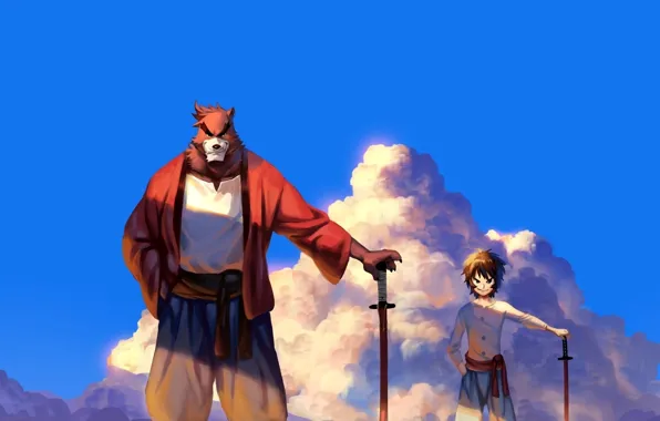 Cinema, sword, bear, blue, anime, cloud, katana, boy
