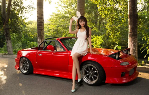 Взгляд, Девушки, азиатка, красивая девушка, красный авто, позирует над машиной, Mazda MX5
