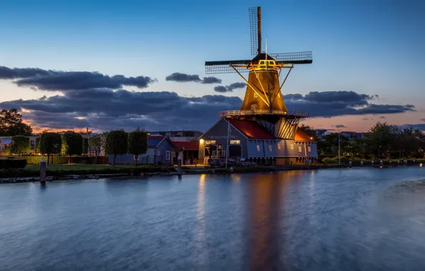 Картинка мельница, канал, Нидерланды, Голландия, Лейдсендам