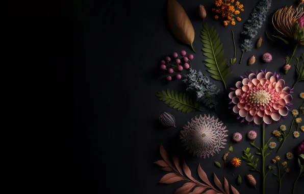 Листья, цветы, dark, натюрморт, flowers, background, leaves, still life