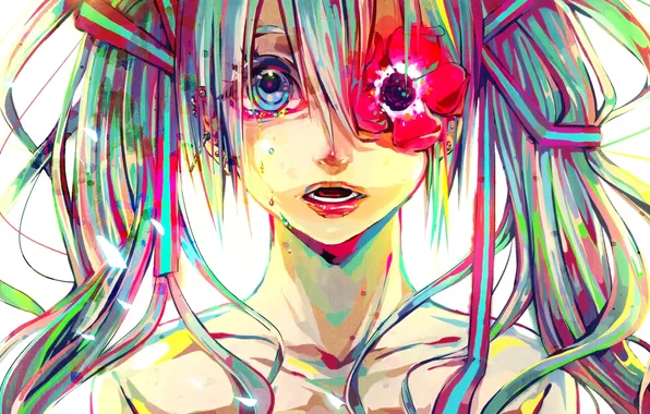 Цветок, девушка, краски, colorful, слезы, арт, Hatsune Miku, Vocaloid
