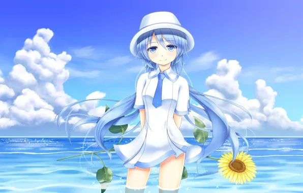 Картинка море, девушка, облака, подсолнух, шляпа, арт, hatsune miku, Vocaloid
