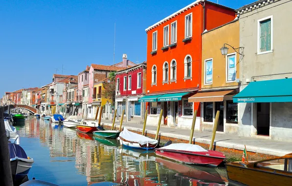 Картинка небо, мост, краски, дома, лодки, Италия, Венеция, канал