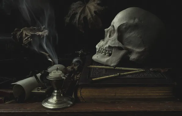 Картинка стол, череп, свеча, книга