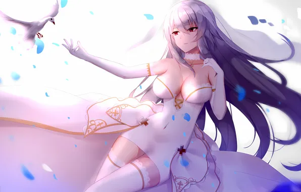 Girl, sexy, cleavage, thighhighs, long hair, dress, boobs, bird