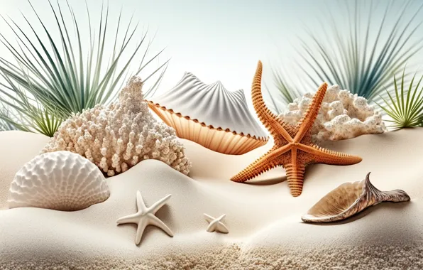 Море, пляж, океан, берег, ракушка, ракушки, морская звезда, морские ракушки