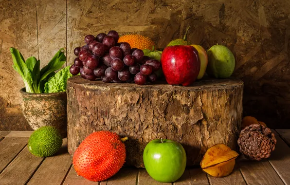 Картинка яблоки, букет, виноград, фрукты, натюрморт, wood, autumn, still life