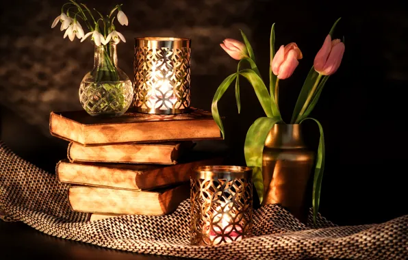 Листья, свет, цветы, темный фон, стол, пламя, книги, букет