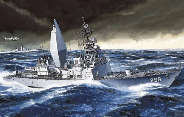 Море, рисунок, корабли, вертолёт, вмс сша, USS Arthur W. Radford, Spruance-class destroyer, United States Navy