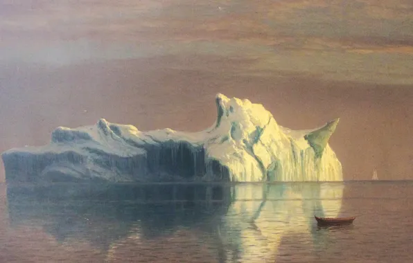 Картинка лодка, картина, Айсберг, морской пейзаж, Альберт Бирштадт