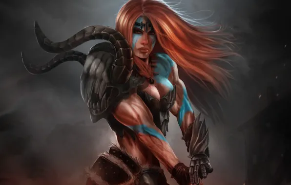 Картинка девушка, арт, рыжая, раскраска, мускулы, Diablo III, варвар, Barbarian