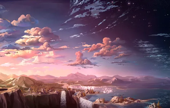 Картинка облака, пейзаж, закат, горы, скалы, вид, арт, водопады