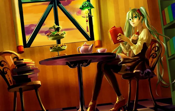 Девушка, стол, чай, окно, арт, книга, vocaloid, hatsune miku