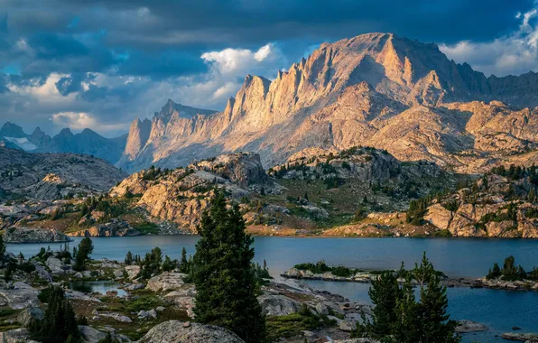 Картинка USA, Wyoming, landscape, mountain, lake, rocks, pines, Fremont Peak