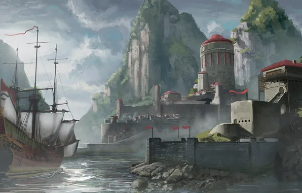 Картинка горы, замок, скалы, корабль, порт, парус