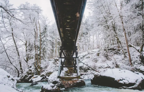 Картинка зима, снег, деревья, мост, река, камни, забор