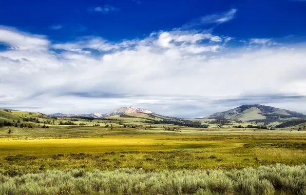 Картинка поле, небо, облака, горы, холмы, Йеллоустонский национальный парк, долины, Соединенные Штаты