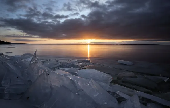 Картинка море, закат, лёд