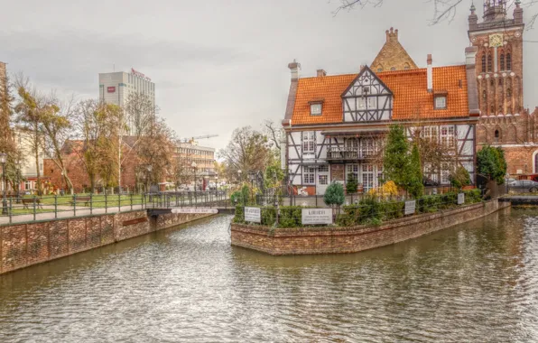 River, street, building, gdańsk
