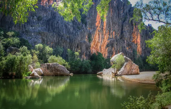 Картинка деревья, горы, озеро, камни, скалы