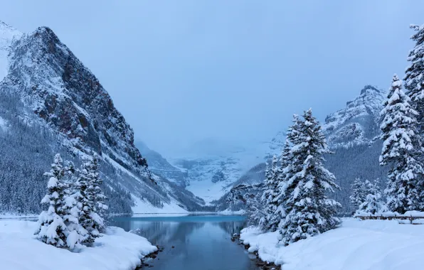 Зима, снег, деревья, горы, озеро, ели, Канада, Альберта