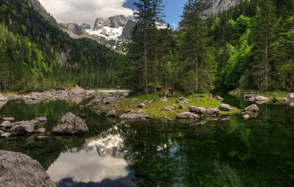 Картинка лес, небо, облака, снег, деревья, горы, природа, озеро