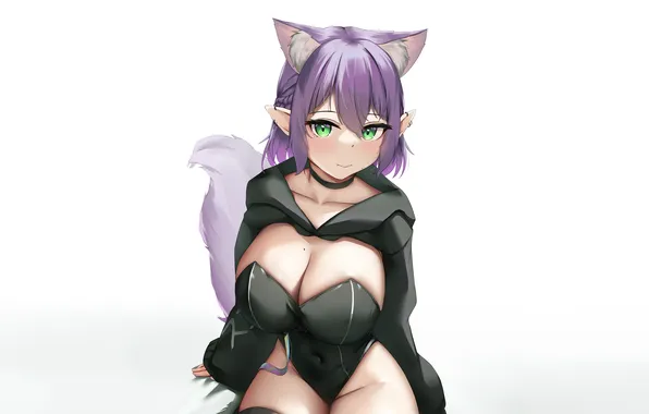 Girl, sexy, cleavage, green eyes, boobs, animal ears, anime, beautiful