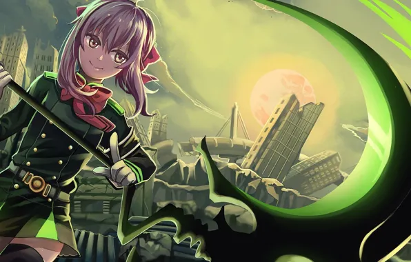 Улыбка, оружие, разрушения, перчатки, полнолуние, art, военная форма, owari no seraph