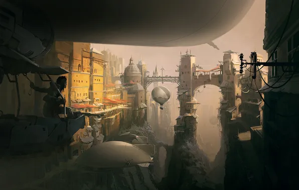 Картинка мост, город, воздушный шар, скалы, человек, высота, арт, дирижабль