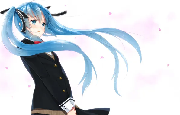 Девушка, лепестки, арт, школьница, vocaloid, hatsune miku, вокалоид, yukinezumi