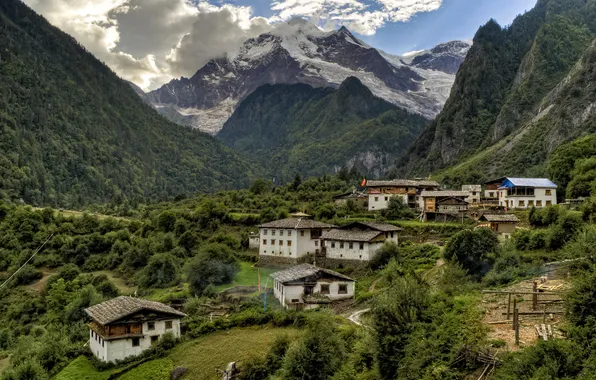 Картинка горы, скалы, деревня, Китай, домики, ущелье, Yunnan, Yubeng