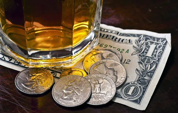 Bar, money, dollar, coins, alcoholic beverage, banknote