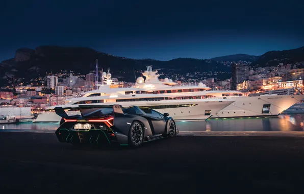 Roadster, вечер, Lamborghini, суперкар, Monaco, Монако, Monte Carlo, Veneno