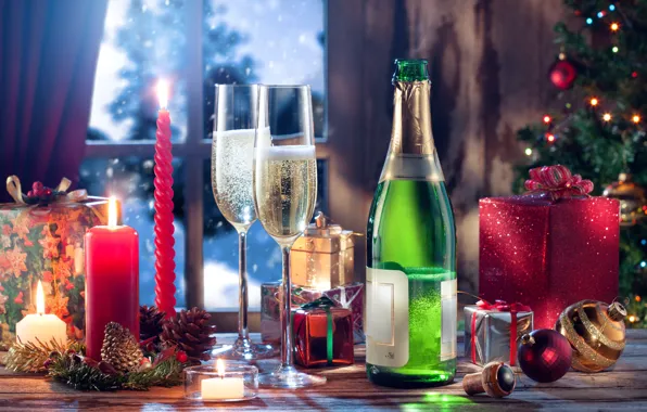 Картинка Новый Год, бокалы, Рождество, christmas, шампанское, balls, merry christmas, gift