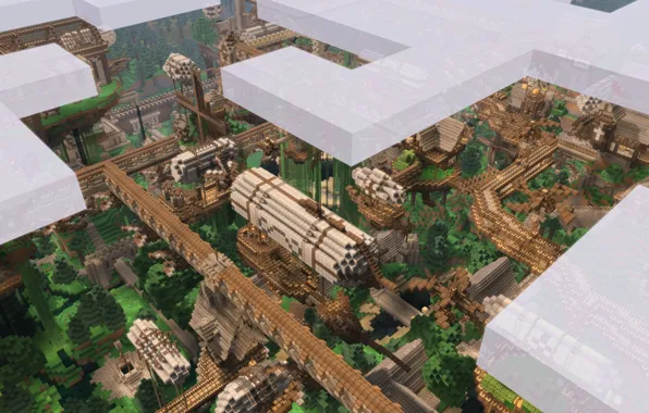 Лес, облака, деревья, дом, корабль, Minecraft