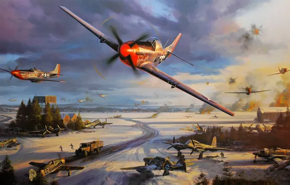 Война, рисунок, мустанг, налёт, nicolas trudgian, p-51, Авиа арт