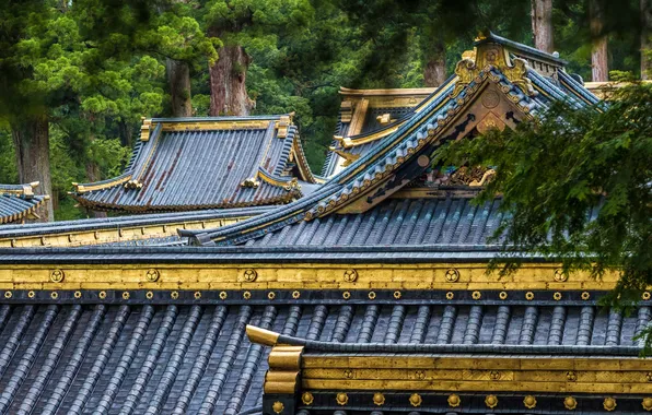 Япония, Крыши, архитектура, Хонсю, город Никко, Tochigi Prefecture, Nikko Toshogu Shrine, Храм Никко Тосогу