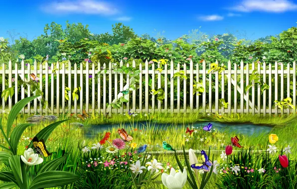 Картинка трава, вода, бабочки, цветы, забор