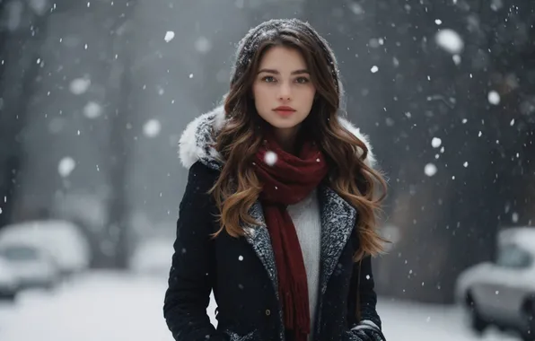 Картинка girl, winter, snow, coat, brunette, scarf, ai art